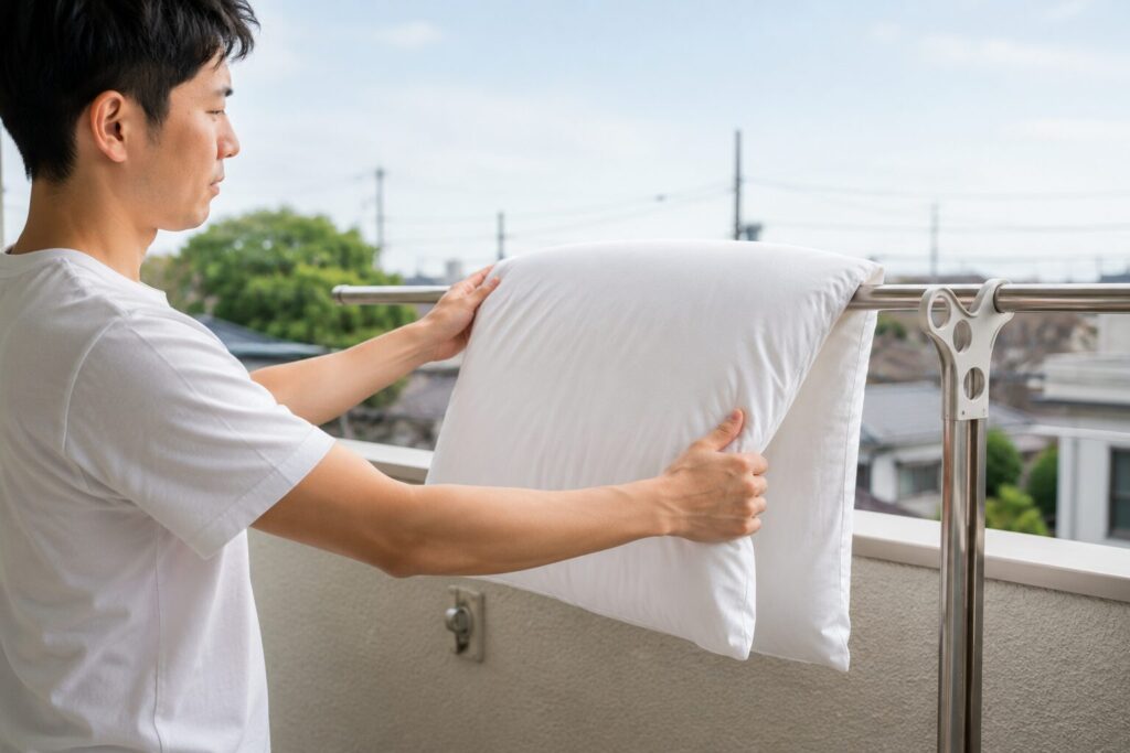 枕を陰干ししている様子