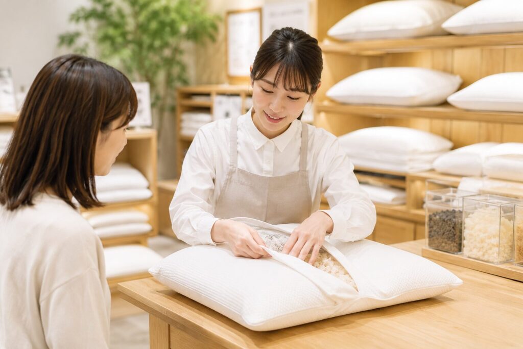 店舗に行ってオーダメイド枕を作っている様子