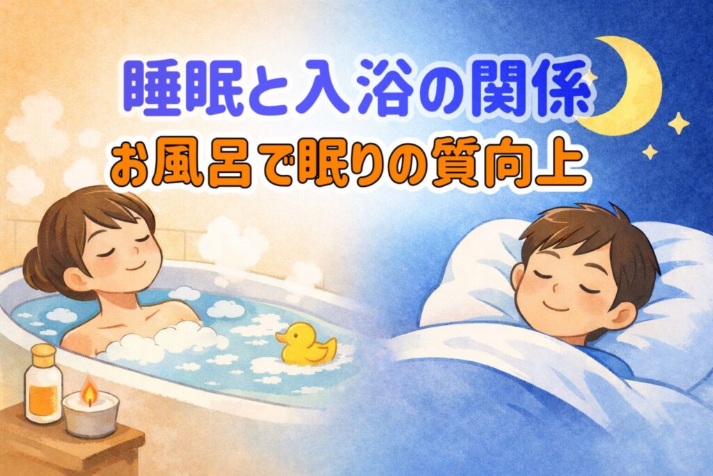 入浴が睡眠に与える影響を解説する記事のアイキャッチ画像です。