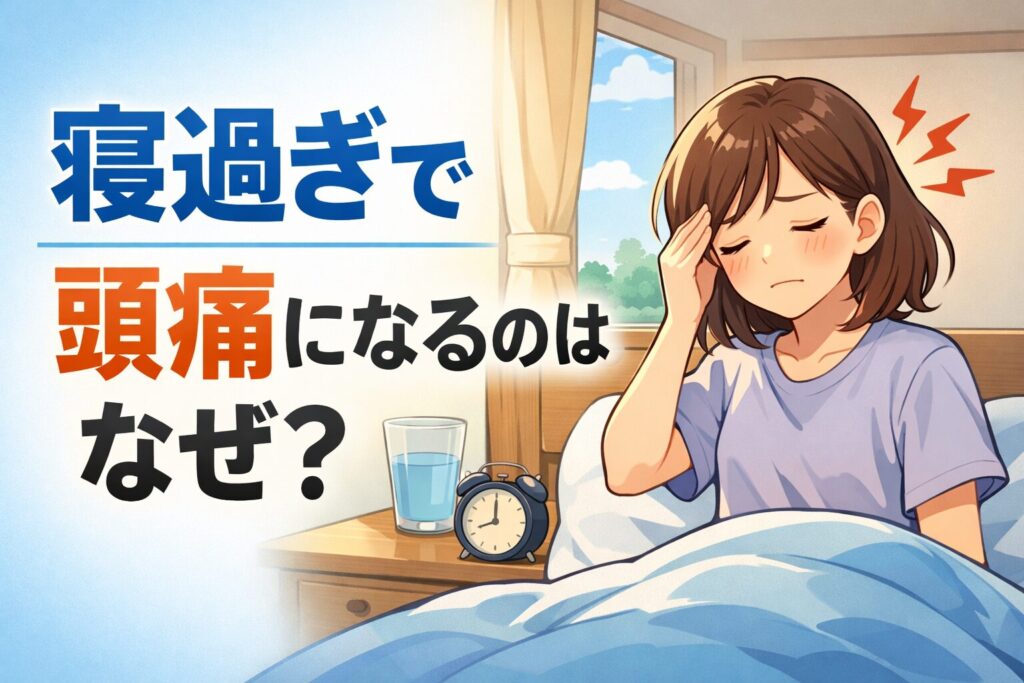 寝過ぎで頭痛になる原因を解説するイラスト