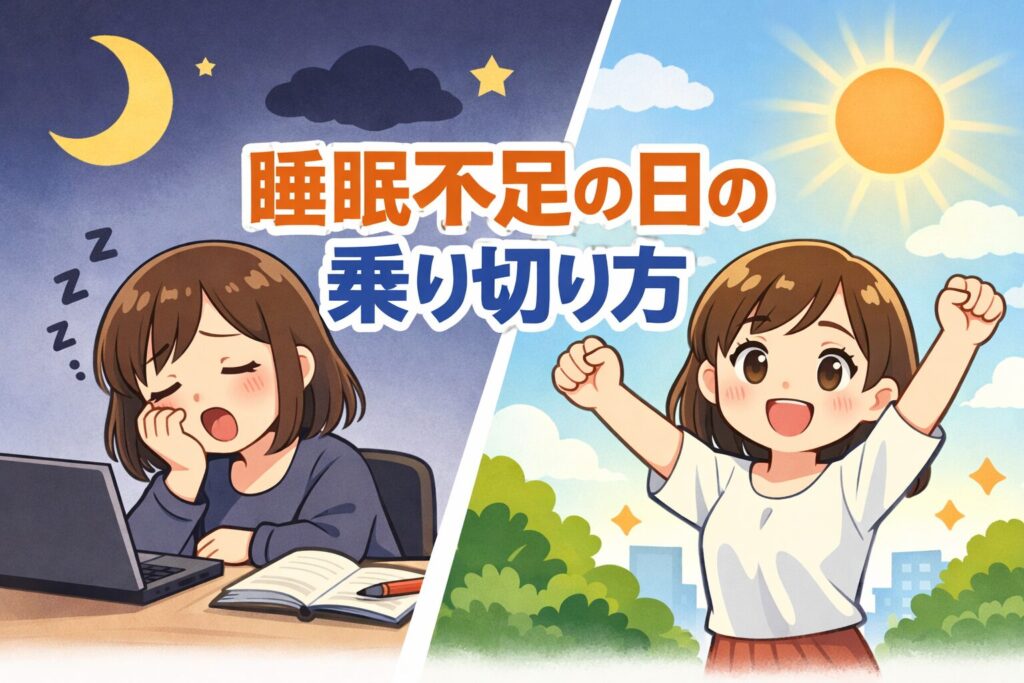 睡眠不足の日の対処法を解説する記事のアイキャッチイラスト