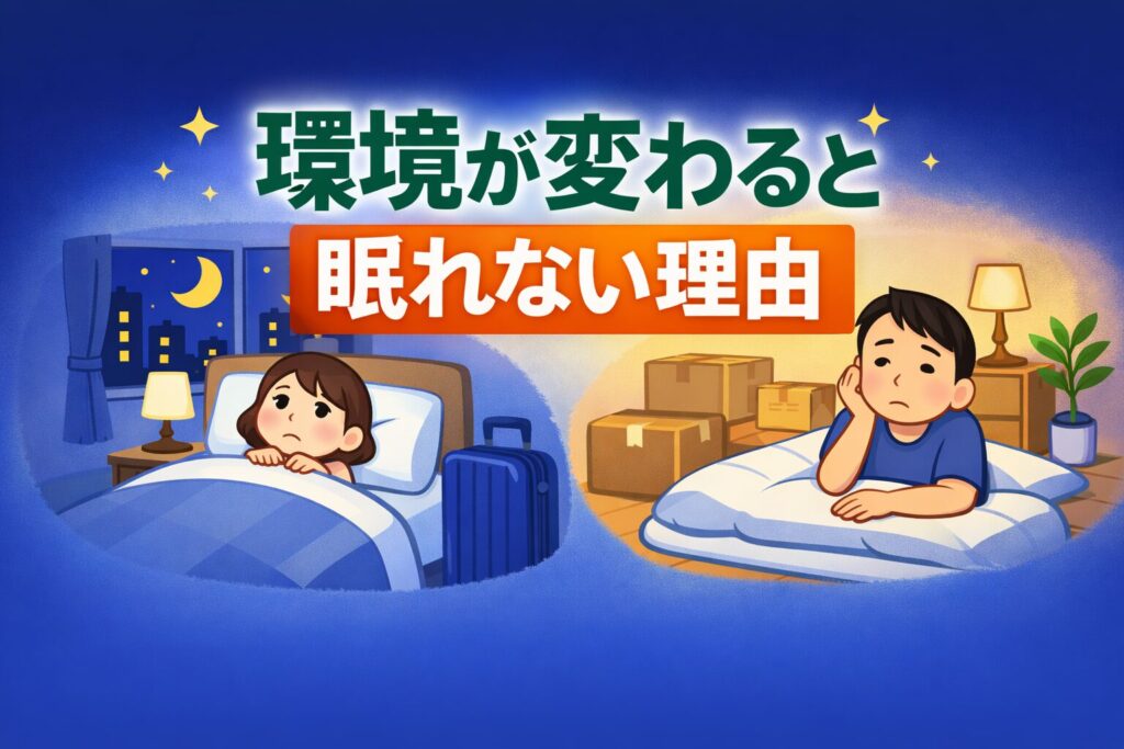 旅行先のホテルや出張、引っ越しなど環境が変わると眠れなくなることがあります。本記事ではファーストナイト効果の仕組みや、環境が変わると寝れない原因、眠りやすくするための対策をわかりやすく解説します。