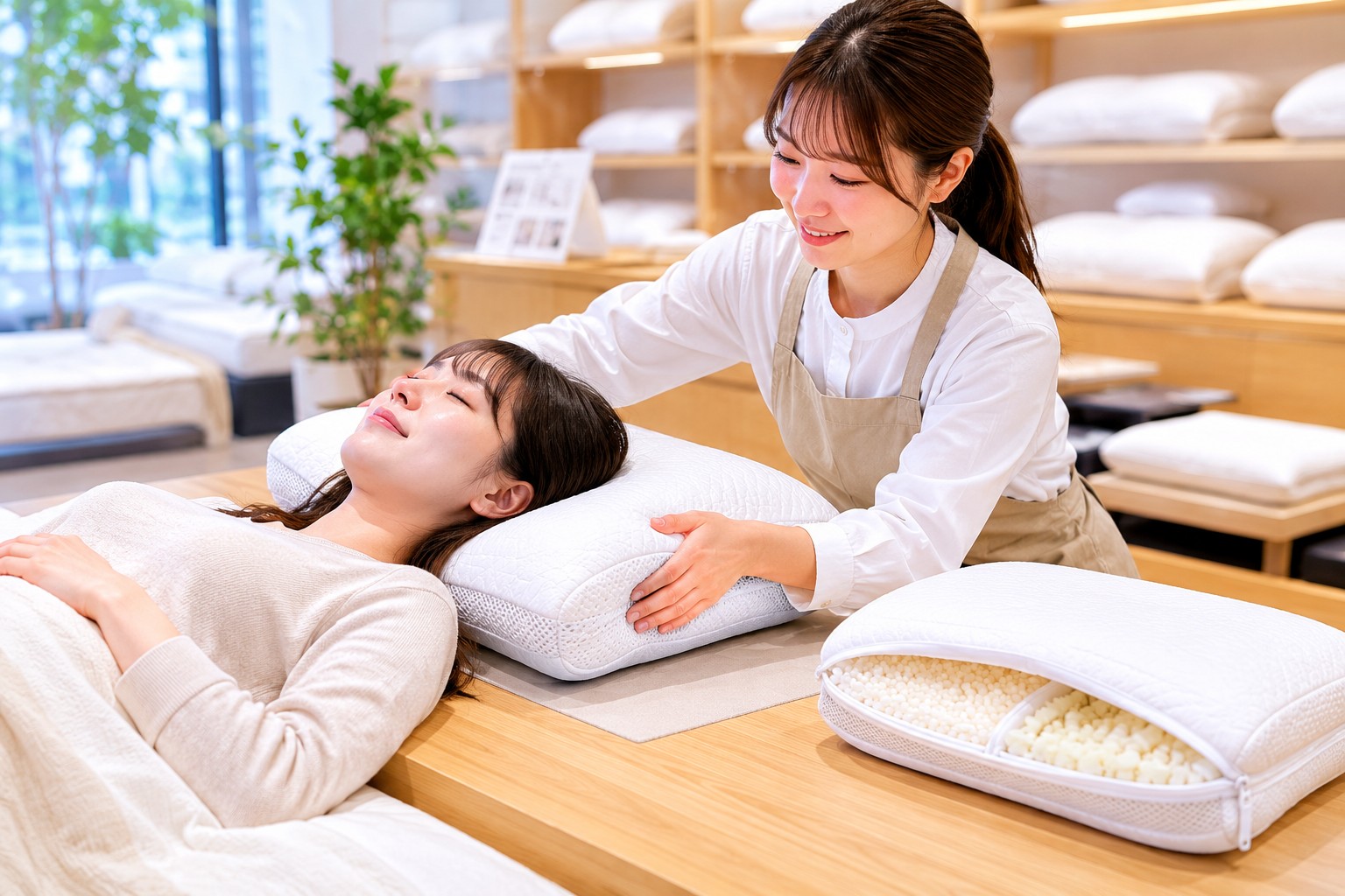 枕の高さ調整をするスタッフ