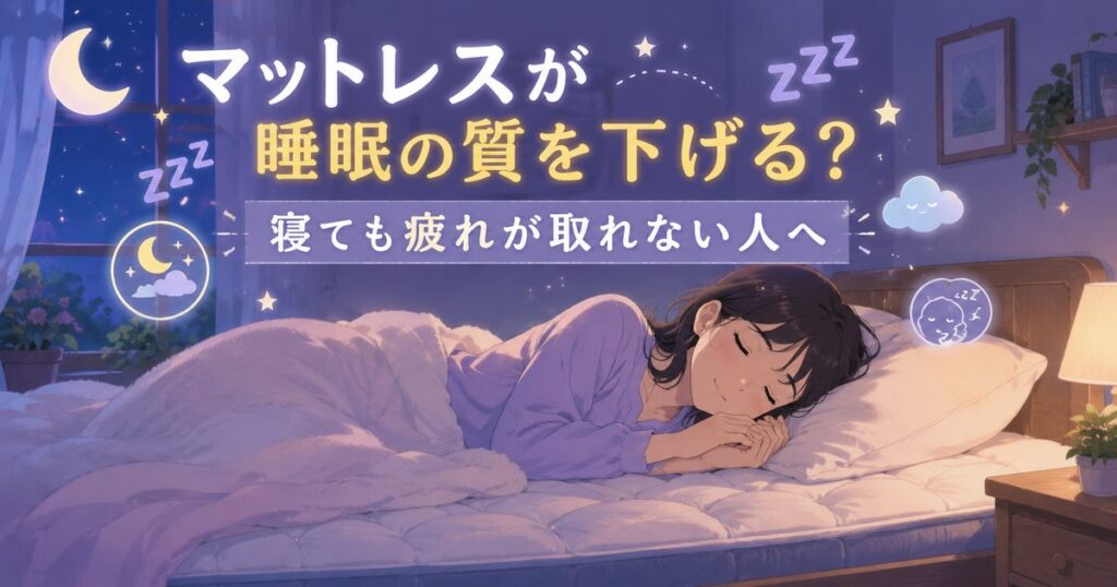 マットレスで眠れない女性のアニメイラスト・夜の寝室