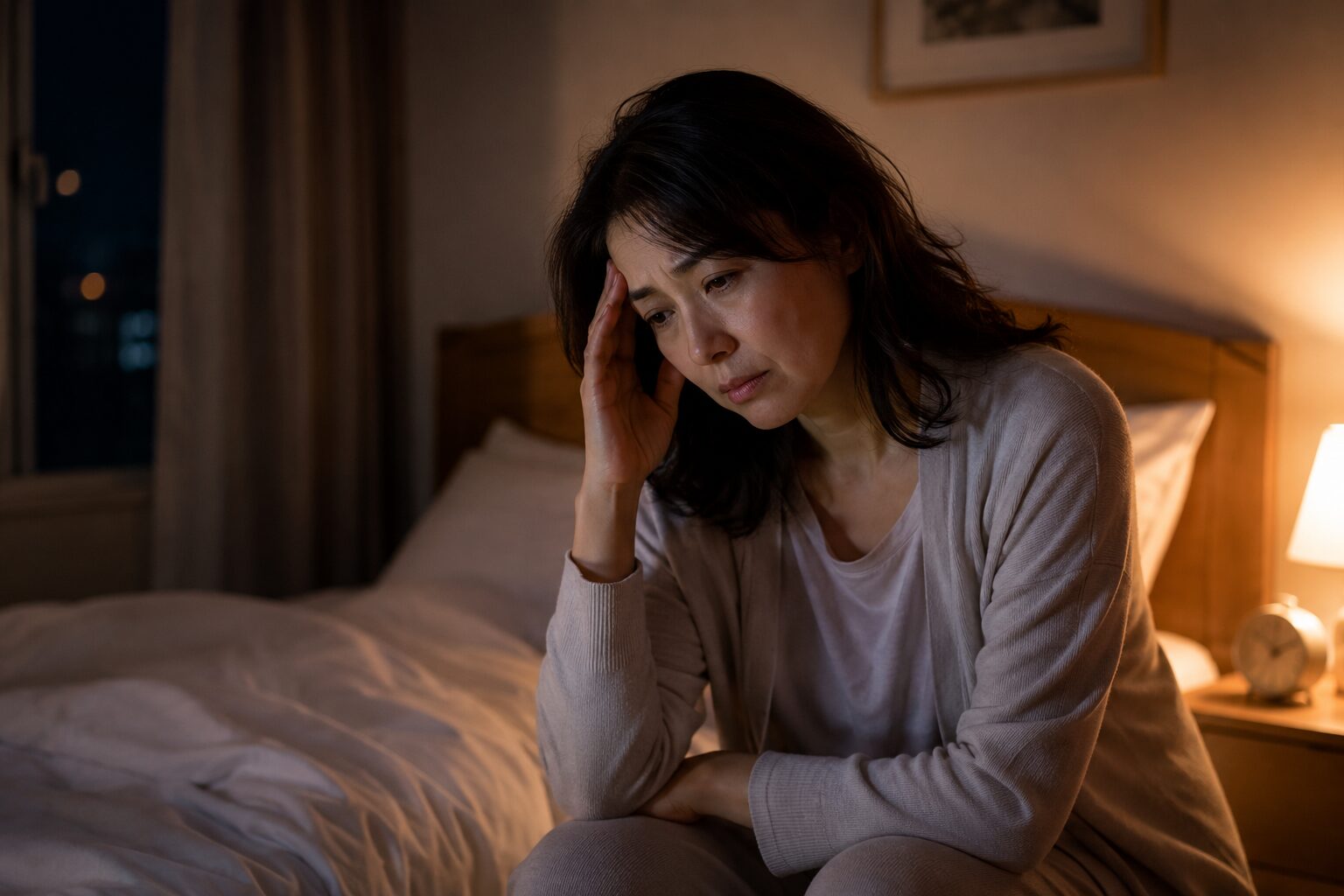 夜中に眠れず頭を抱える更年期の女性