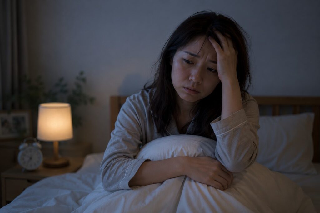 夜中に眠れず目が覚めてしまった女性の実写写真